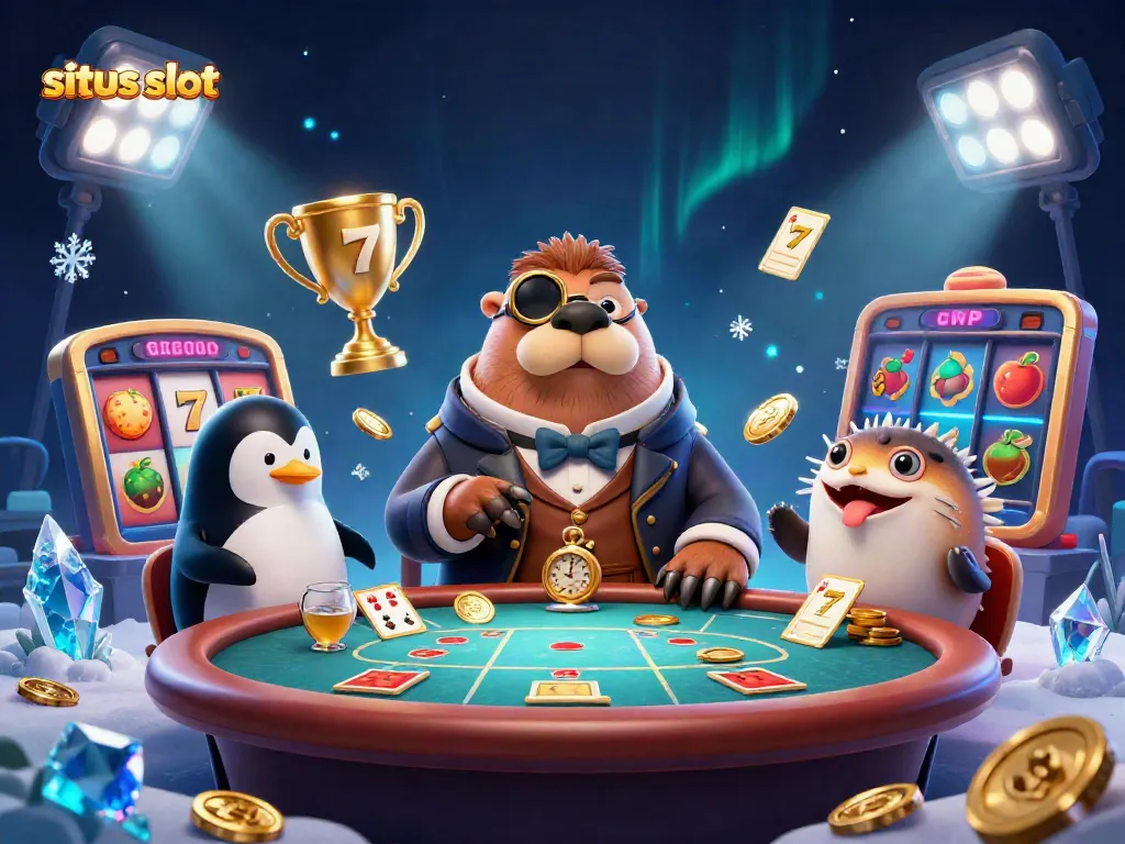 Ilustrasi situs slot di bawah laut dengan walrus lucu, dealer penguin, dan ikan puffer sambil bermain.