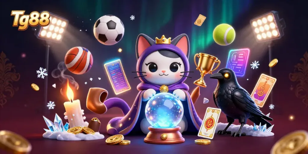 Tg88 engages players with dynamic casino elements in a vibrant, mystical scene.