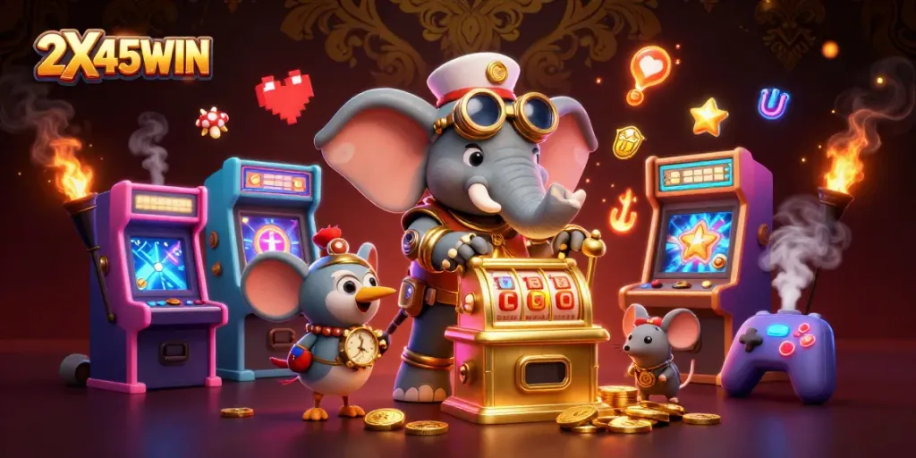 Mainkan 2X45WIN dengan ilustrasi mesin slot dan karakter menarik di kasino virtual.