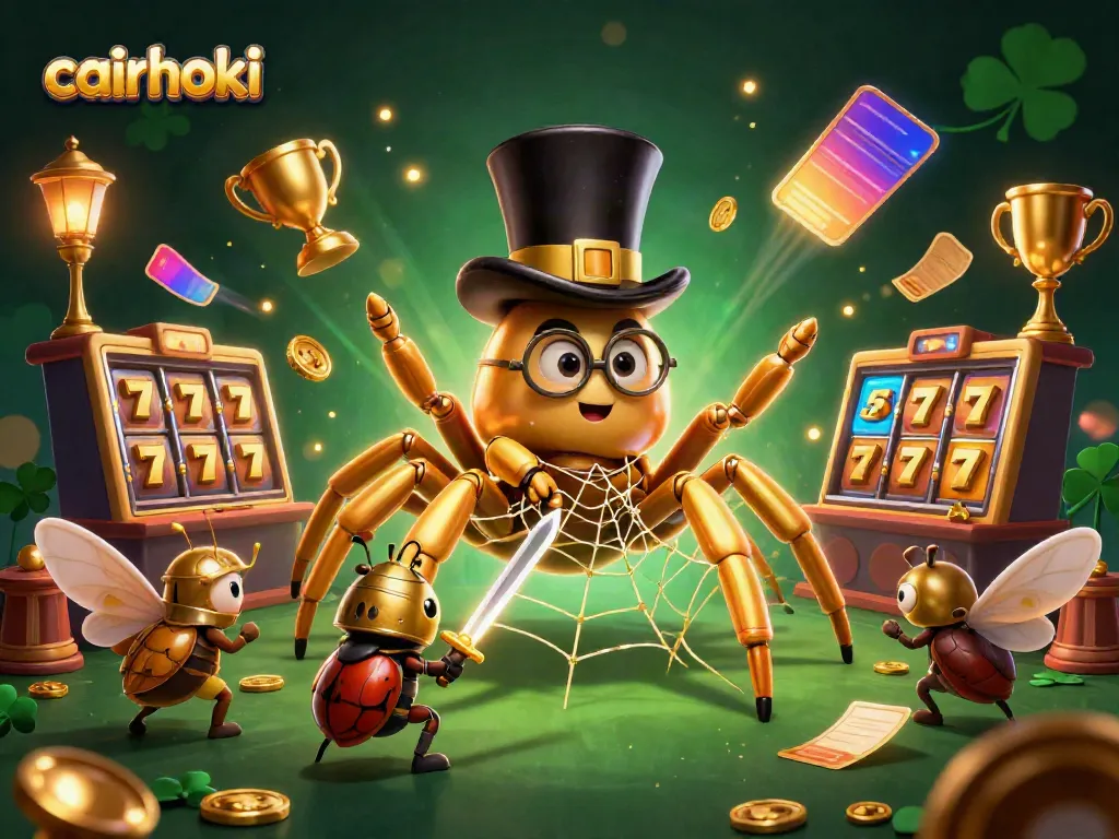 Gambarlah cairhoki yang menampilkan laba-laba emas besar di kasino dengan elemen slot dan sparkle.