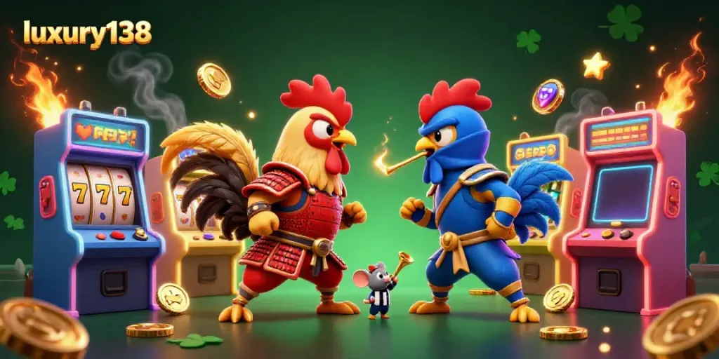 Experience the excitement of luxury138 in a vibrant casino showdown between fighting roosters.