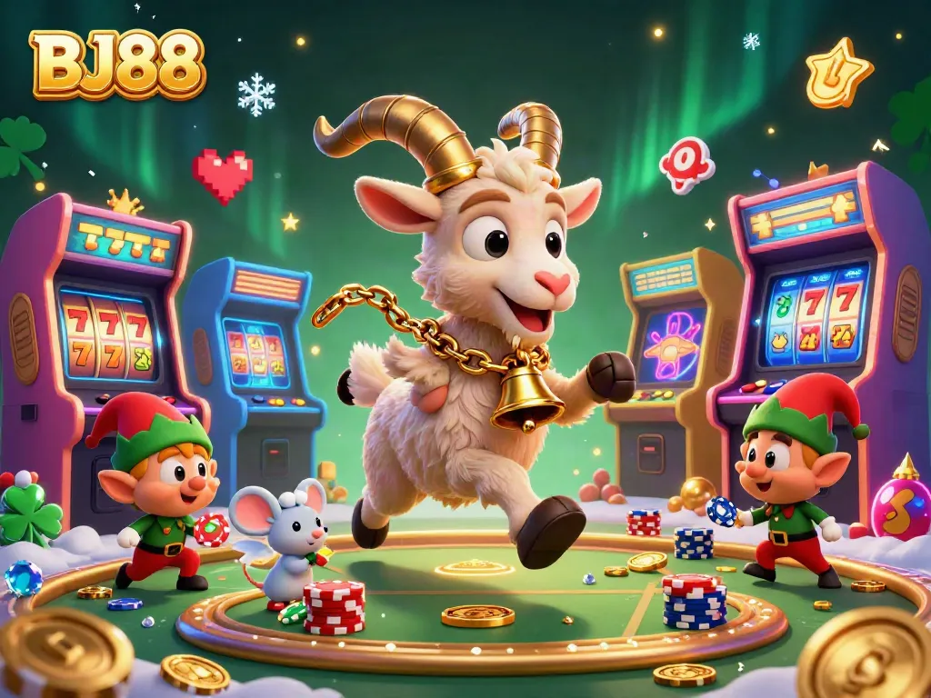 Experience the excitement of BJ88 with Krampus and friends navigating a festive casino scene.