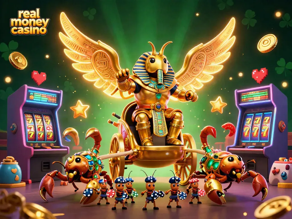 Experience the excitement of a real money casino with a vibrant 3D scene featuring a colossal scarab and scorpions.
