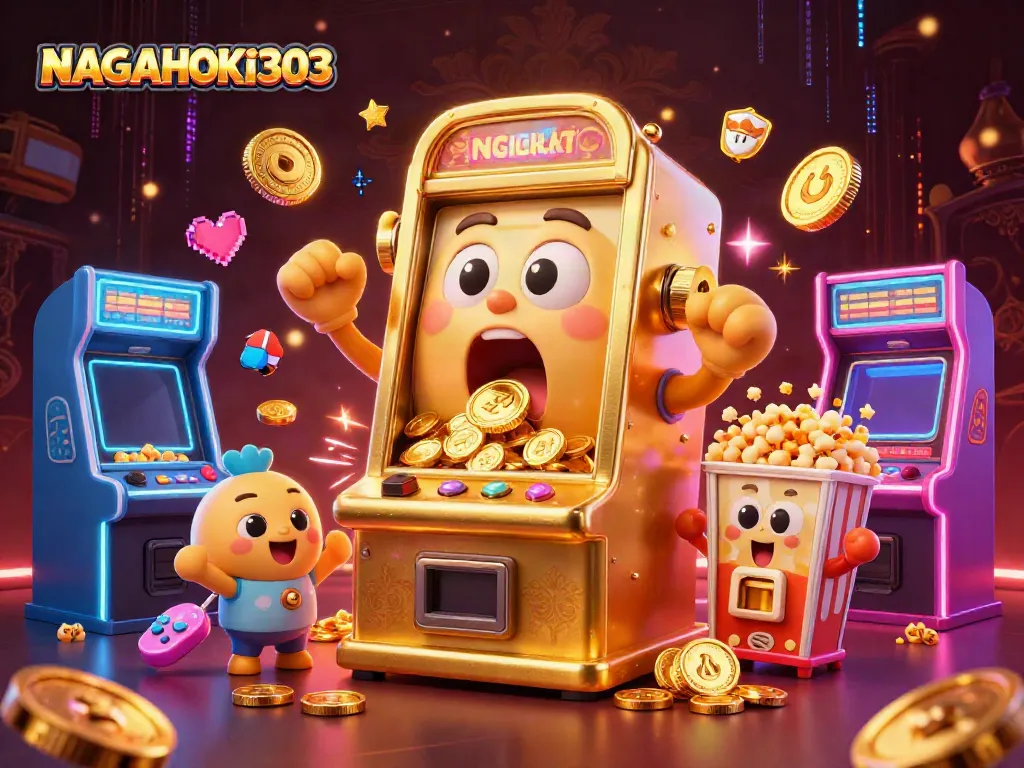 NAGAHOKI303 menghadirkan mesin slot kartun emas yang terkejut dengan koin berlimpah di mulutnya.