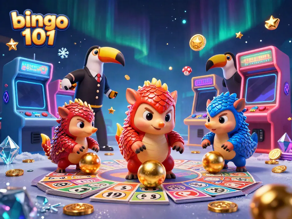Bingo 101 featuring two rival pangolins, arcade games, and a toucan referee in a festive gaming scene