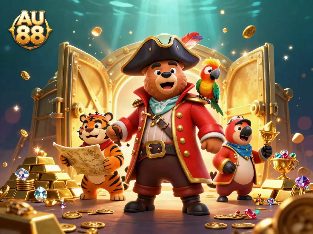 Experience thrilling gameplay with AU 88 as treasure bursts from a golden vault amidst vibrant casino elements.