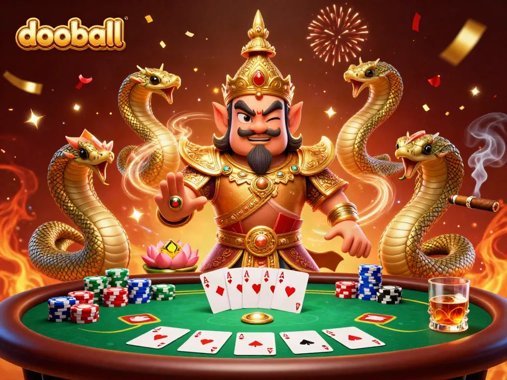 Experience thrilling gameplay with dooball's vibrant 3D digital art featuring action-packed poker elements.