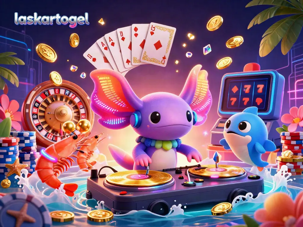 Experience the exciting world of laskartogel with a vibrant 3D scene of a neon axolotl DJ and animated sea creatures surrounded by casino elements.