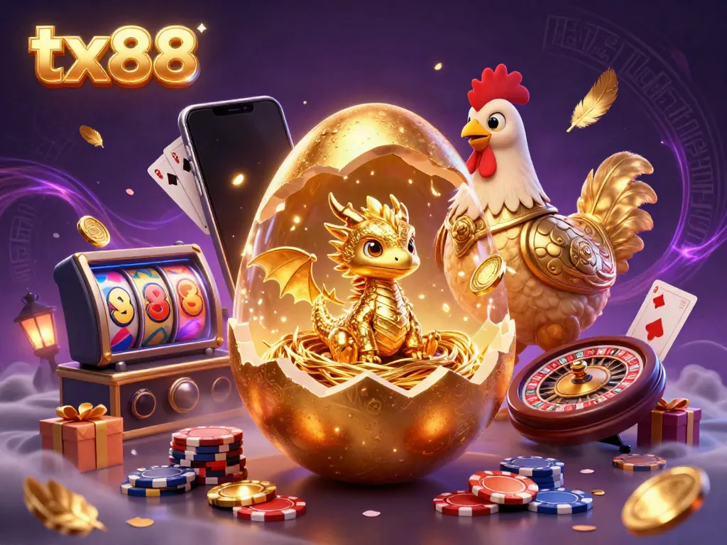 Experience gaming excitement with tx88, showcasing a golden dragon amidst vibrant casino elements.