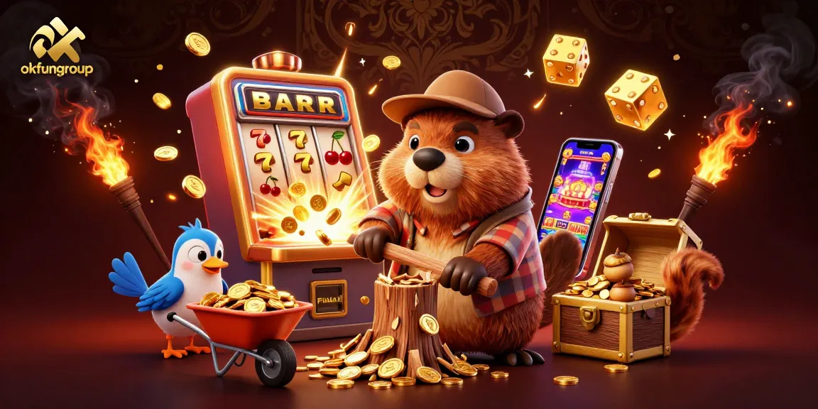 Spin to win with the okfungroup online casino, featuring cartoon beavers, coins, and slot machines.