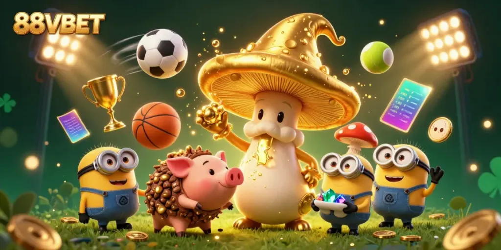 Engage with 88VBET through magical gaming, featuring a wizard and dynamic sports elements in a vibrant 3D scene.