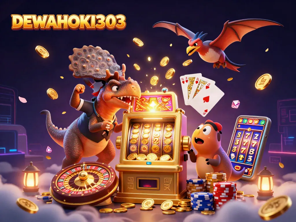 DEWAHOKI303 menampilkan aksi seru dengan dinosaurus dan slot jackpot di dunia kasino.