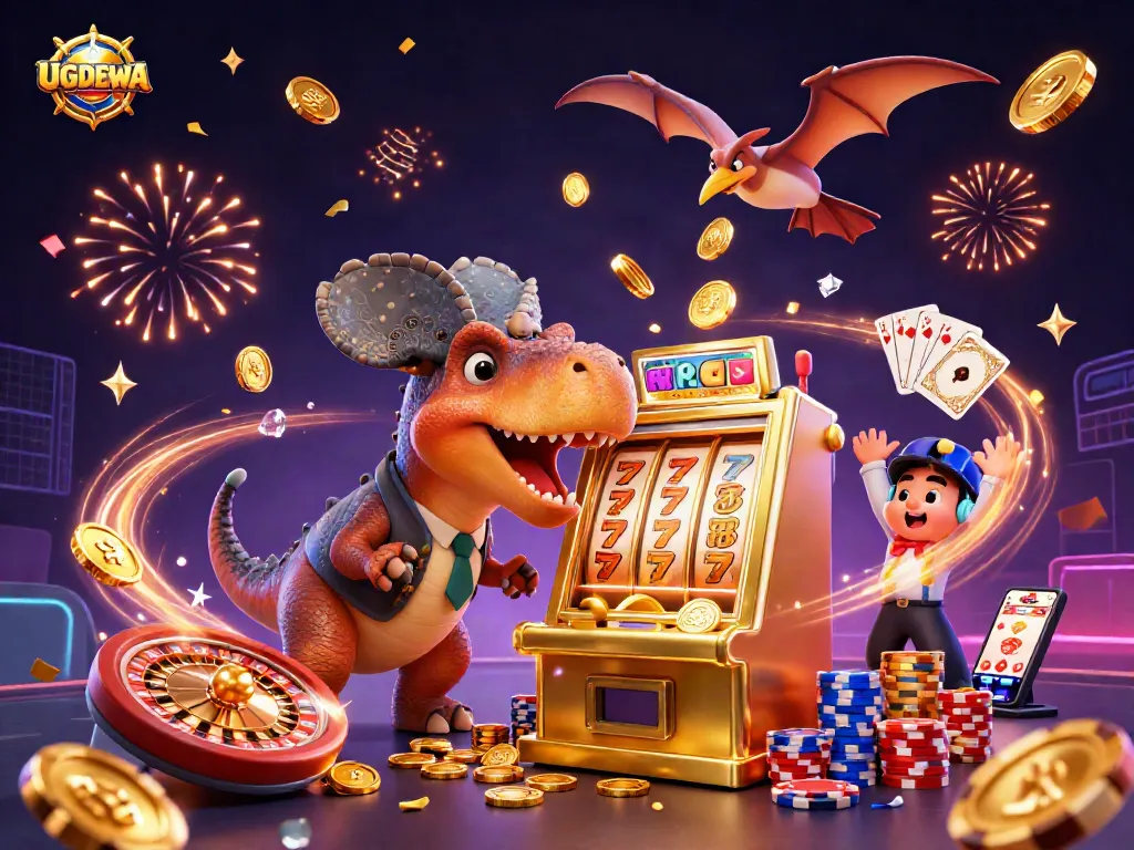 UGDEWA pachycephalosaurus hitting a golden slot machine while coins launch into the air