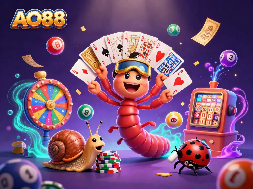 Experience AO88 with vibrant 3D characters and dynamic lottery elements in a casino setting.