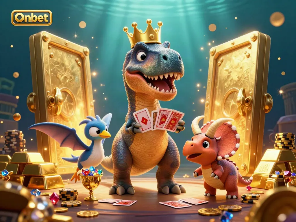 Engaging Onbet scene with a T-Rex and friends enjoying slots and jackpots amidst treasure.