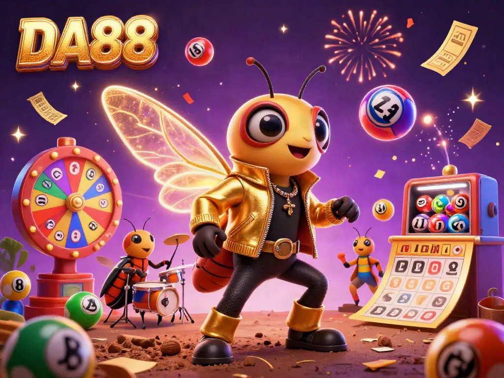 DA88 casino celebration featuring a rock star cicada, beetle drummer, and joyous lottery elements.