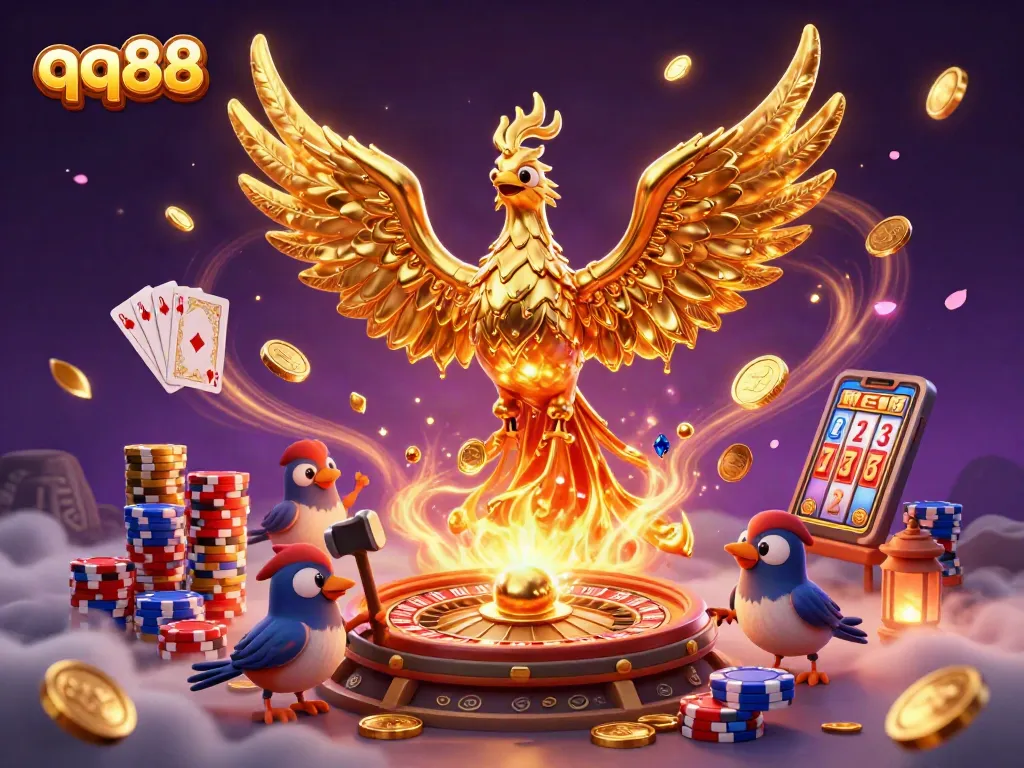 Experience excitement with qq88 through a vibrant 3D casino illustration featuring a molten metal phoenix.