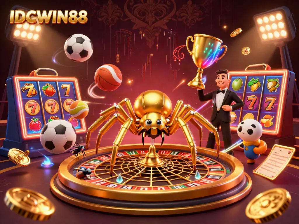 Spinning the golden web of luck at IDCWIN88's online casino with dynamic sports elements.