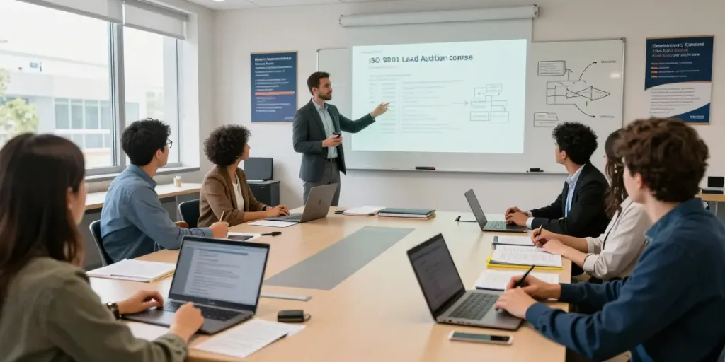 ISO 9001 Lead Auditor Course in a dynamic classroom with adult learners engaged in practical training.
