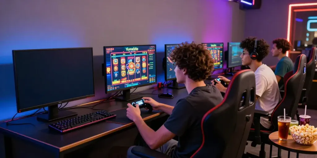 Friends enjoying an exciting Yumetoto gaming session in a vibrant lounge.