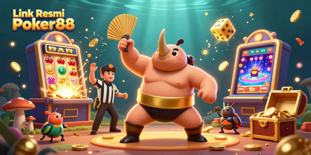Watch the exhilarating Link Resmi Poker88 experience with a rhinoceros beetle champion and golden coins flying.
