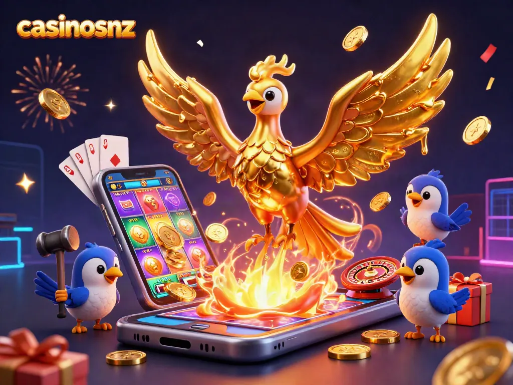 Win big at casinosnz with vibrant 3D illustration of a golden phoenix and exciting gaming elements.