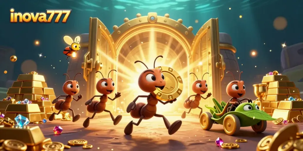 3D cartoon team of ants carries a giant poker chip for inova777 through a treasure tunnel