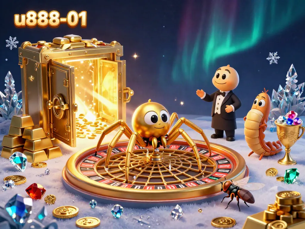 Experience excitement with u888-01 as the golden spider spins a roulette wheel web in a colorful casino.