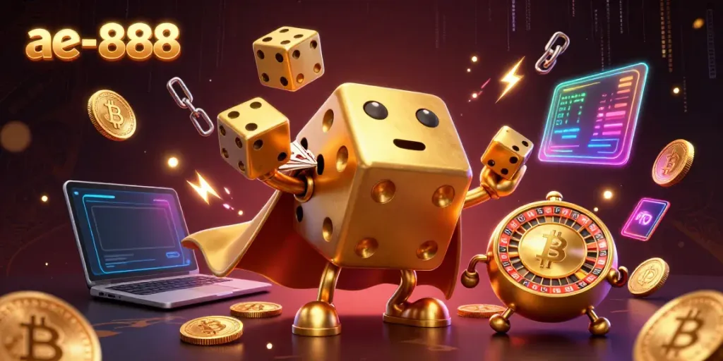 Engaging illustration of ae-888 featuring golden dice, cryptocurrencies, and a lively casino atmosphere.