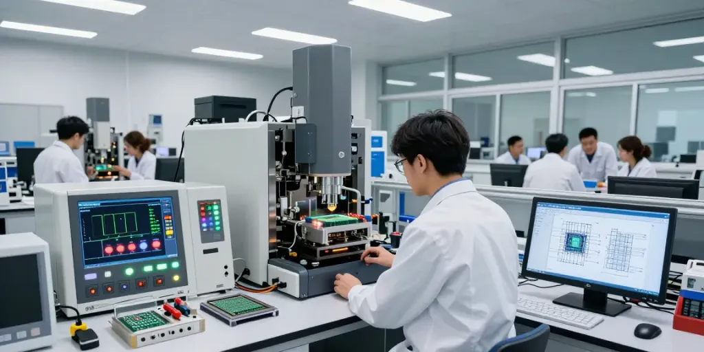 Dalam laboratorium rekayasa semikonduktor, seorang insinyur di https://www.oe-semiconductor.com/index2.html bekerja dengan alat fabrikasi canggih.