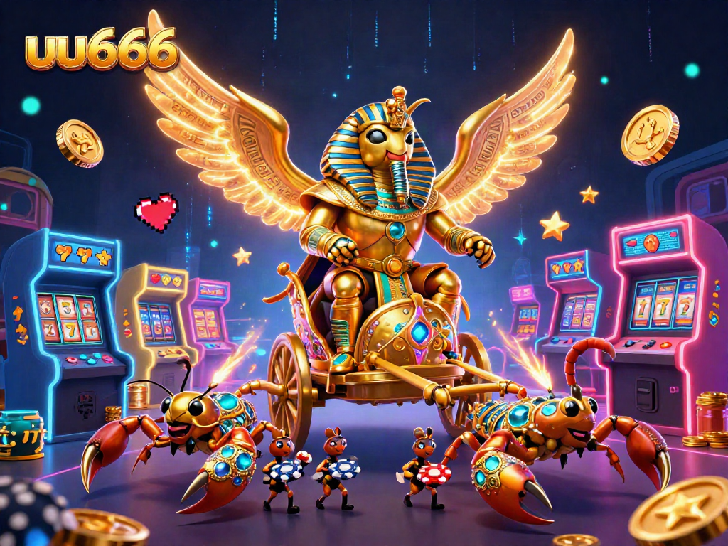 uu666 presents a vivid illustration of a golden scarab beetle chariot racing through a lively casino with vibrant games.