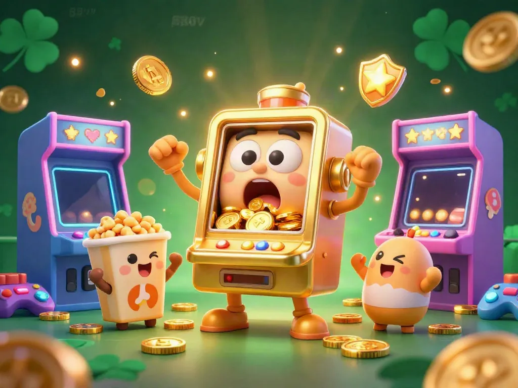 Engaging 3D illustration of the 88vv golden slot machine hitting a jackpot, surrounded by game machines and coins.