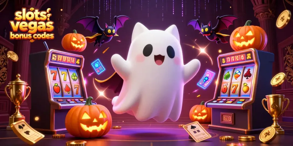 Engage with slots of vegas bonus codes through vibrant casino scenes featuring a ghost cat and bat.
