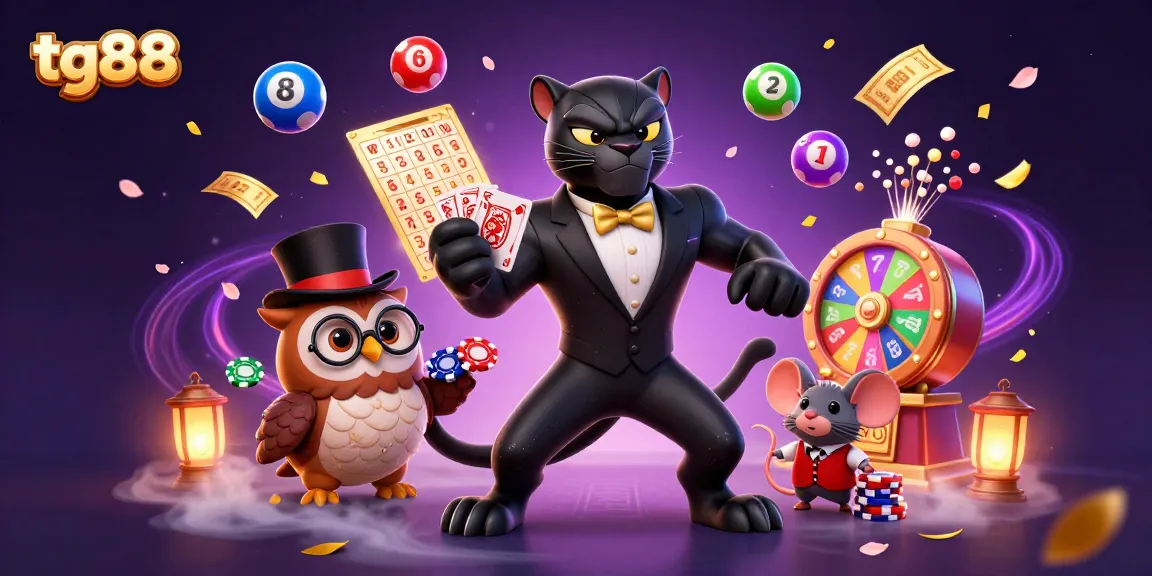 Experience the thrill at tg88 with a cartoon panther dealing cards surrounded by colorful game elements.