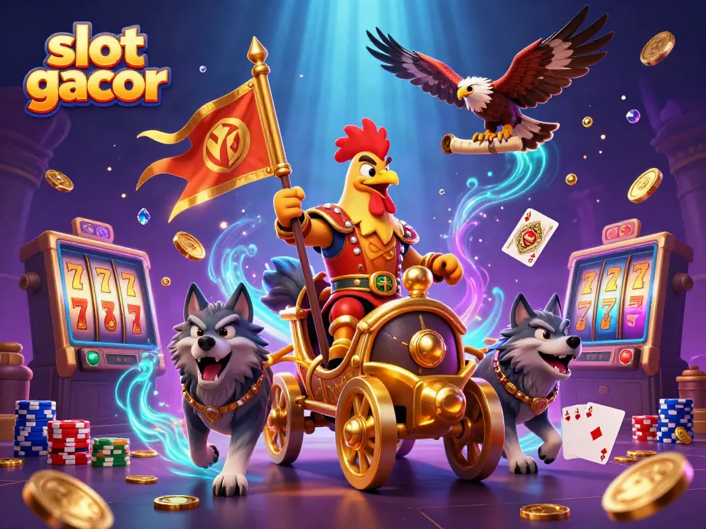 Experience thrilling wins with slot gacor featuring a rooster warlord in an immersive casino scene.