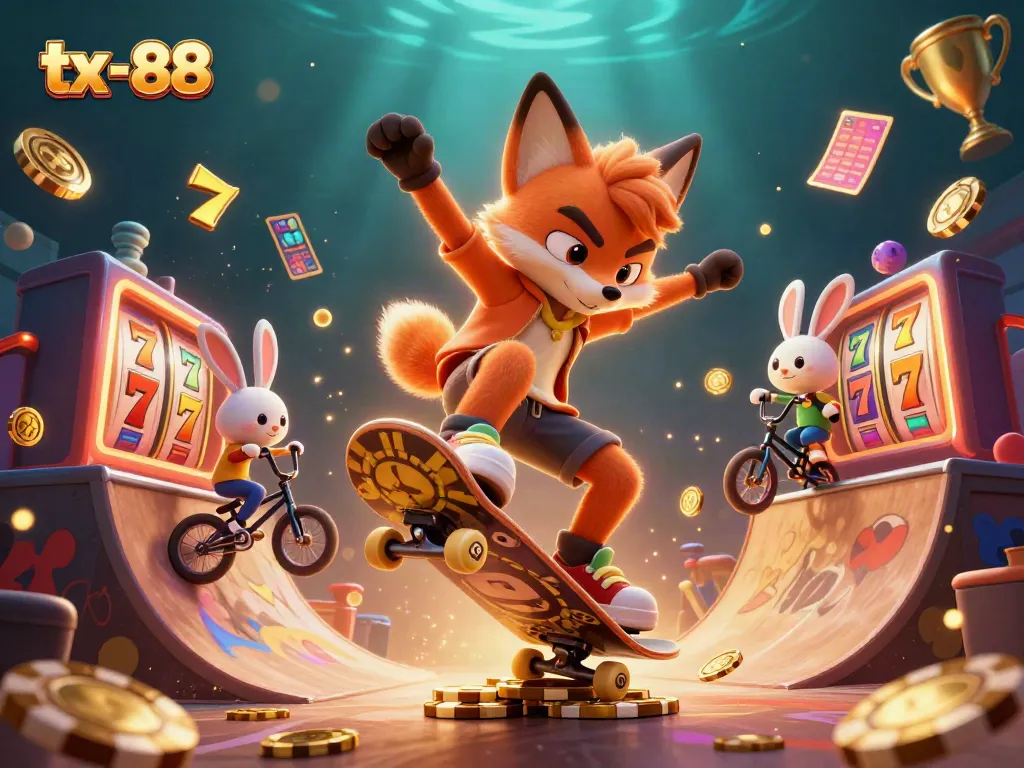 Experience the dynamic gaming energy of tx-88 with a skateboarder fox and BMX rabbit amid vibrant casino symbols.