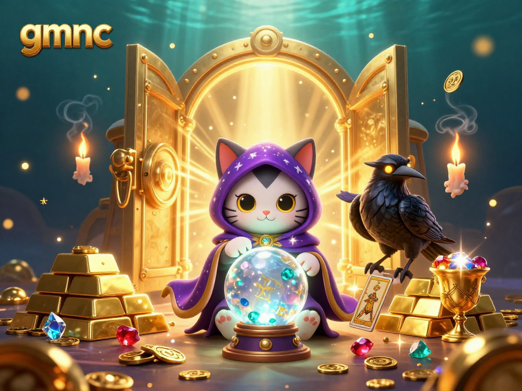 Experience the magic of gmnc with a lively 3D scene featuring mystical characters and treasure elements.
