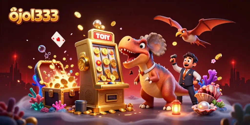 Experience jackpot excitement with ojol333 as a pachycephalosaurus interacts with a golden slot machine in a vibrant casino scene.