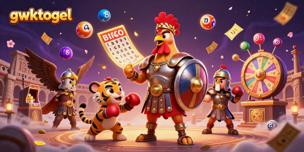 Menampilkan gwktogel dengan rooster gladiator dan bola lotere di arena, penuh warna dan detail menarik.
