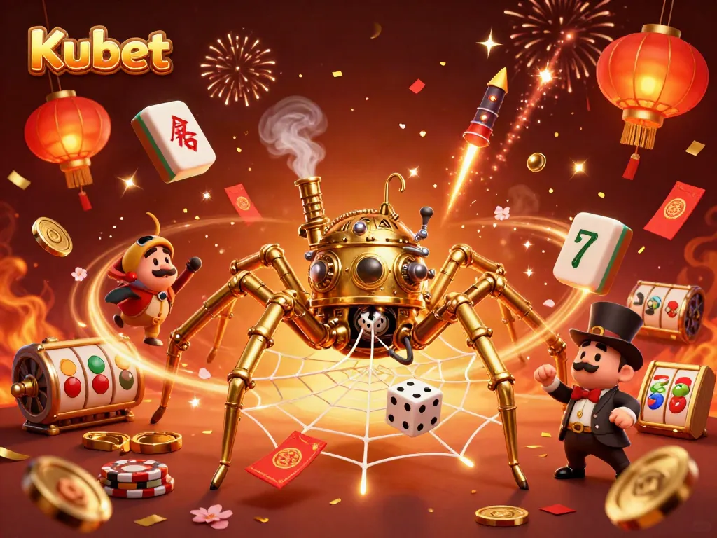 Kubet gameplay scene featuring a steampunk spider and playful dice in a dynamic casino atmosphere.