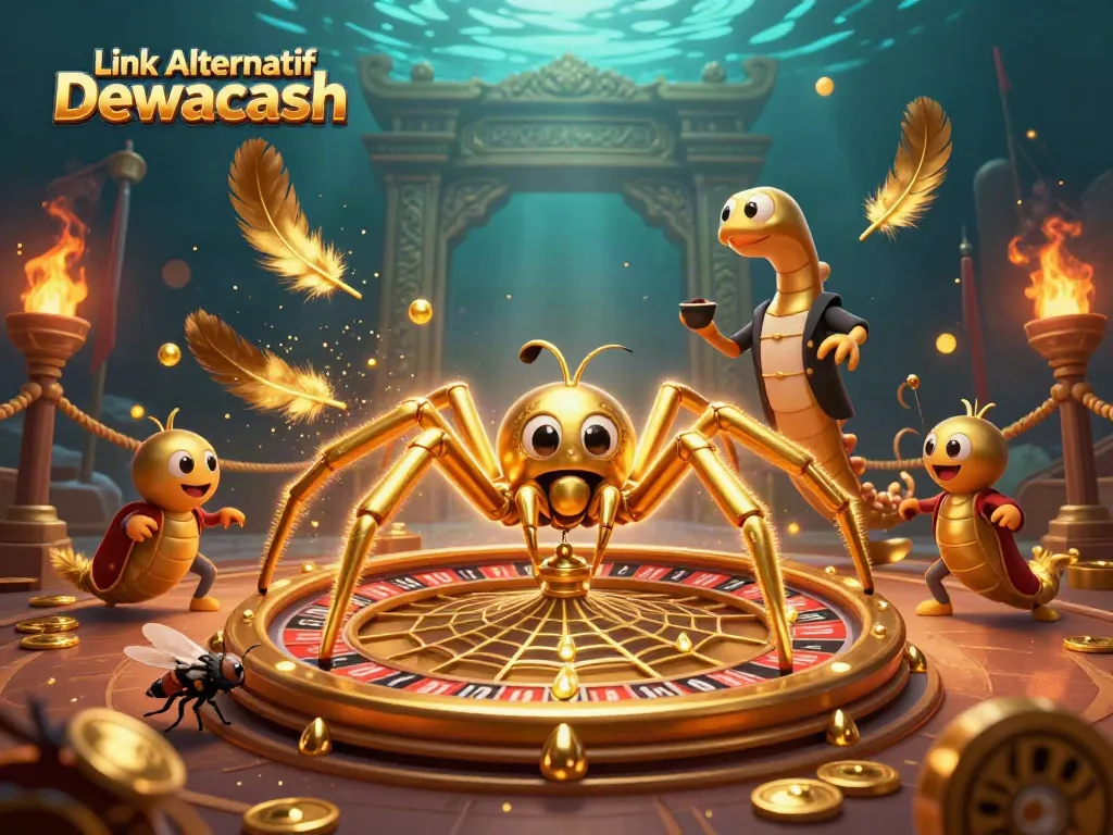 Experience thrilling gaming with Link Alternatif Dewacash, featuring a roulette wheel and animated characters.