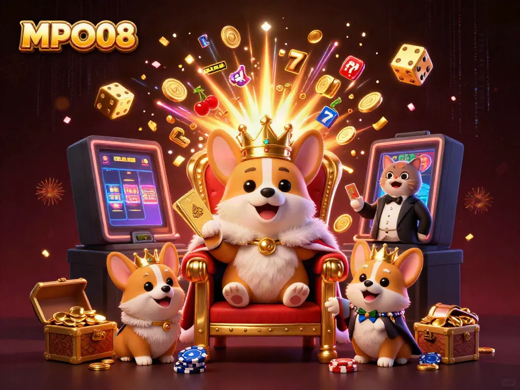 Experience the vibrant world of MPO08 with a royal corgi on a poker chip throne amidst exploding slot machines and casino excitement.