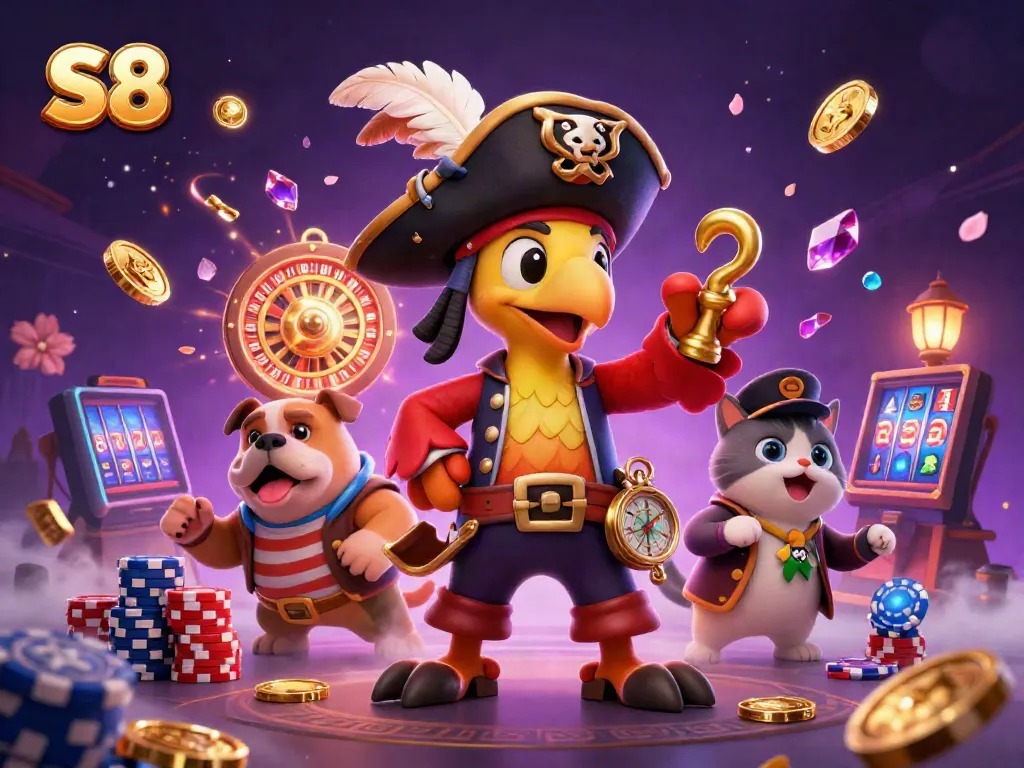 Experience thrilling gambling adventures with S8 featuring pirate characters and casino elements.