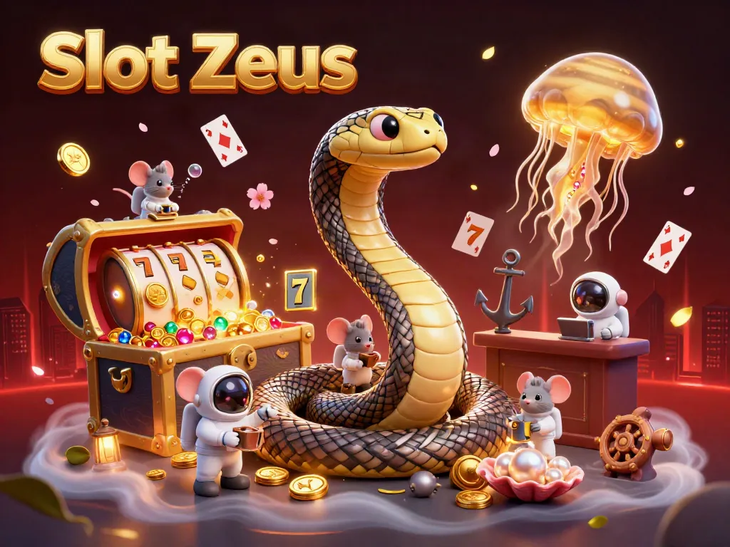 Slot Zeus, mesin slot dengan ular Saturnus dan ikan ubur-ubur, di tengah suasana kasino yang kaya dan berkilauan.