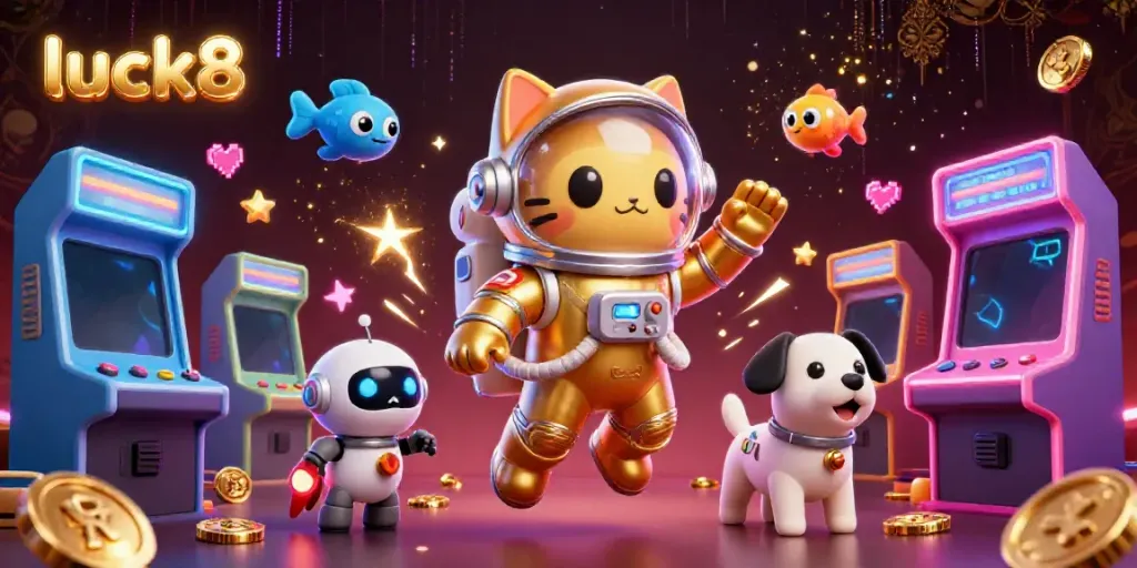 Experience luck8 with a vibrant 3D casino scene featuring an astronaut cat and arcade games.