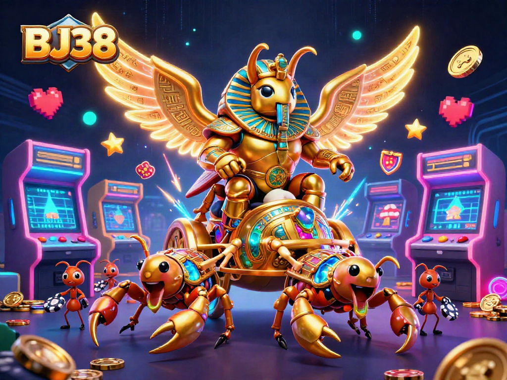 BJ38 captivates players with a vibrant 3D cartoon scene of casino elements featuring a pharaoh beetle and golden scorpions.