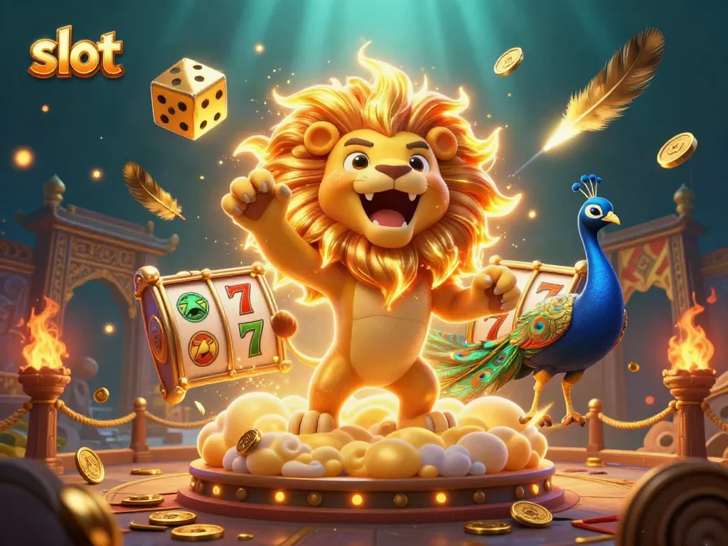 Engage with exciting slot games featuring a roaring lion amidst dynamic casino elements.
