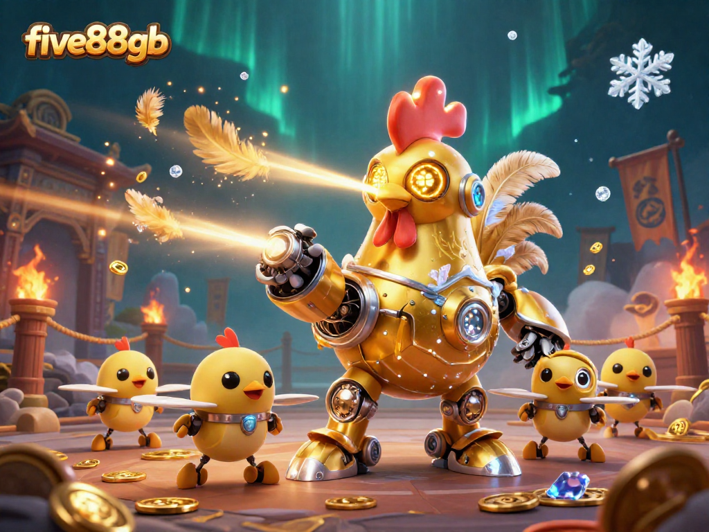 Engage in thrilling gameplay with five88gb's dynamic characters and casino elements with gold coins scattered around.