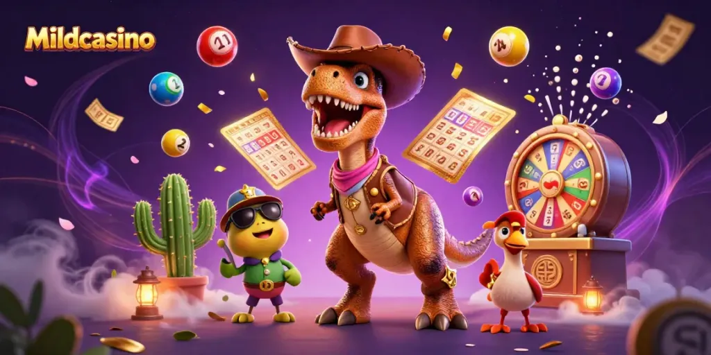 Mildcasino's vibrant scene with a T-Rex cowboy dinosaur and lottery elements creating an exciting casino atmosphere.