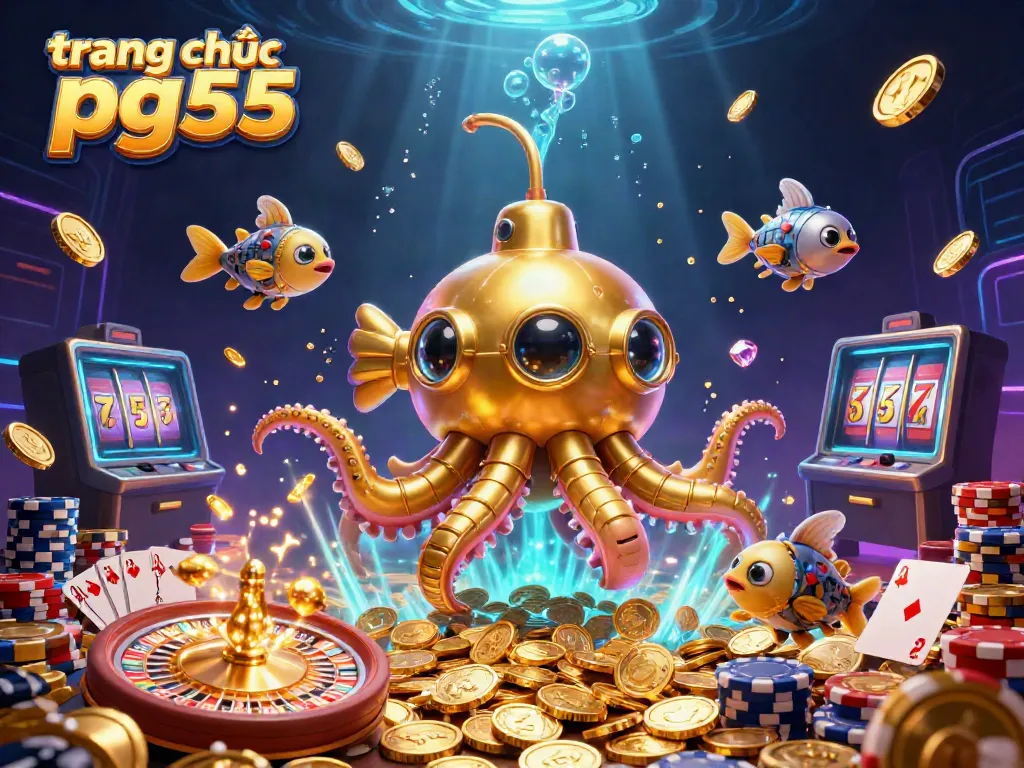 Experience the excitement of trang chủ pg55 with a dynamic 3D scene featuring a golden kraken and vibrant casino elements.